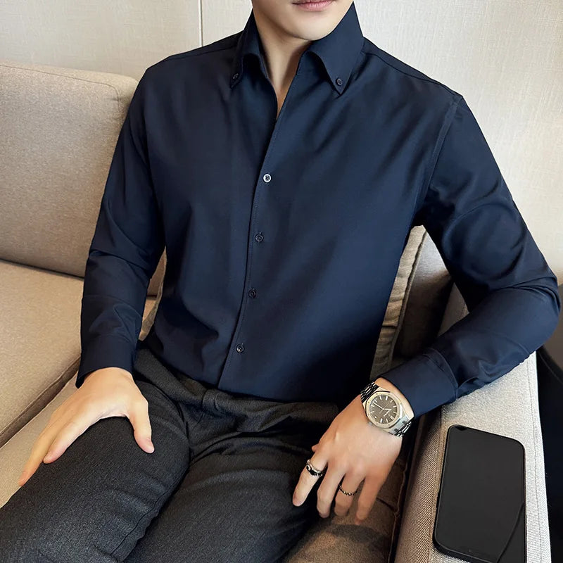 Men Dress Shirt 2026 Autumn British Style Solid Casual Slim Fit Formal Camisas V-neck Long Sleeves Shirt Streetwear Men Clothing
