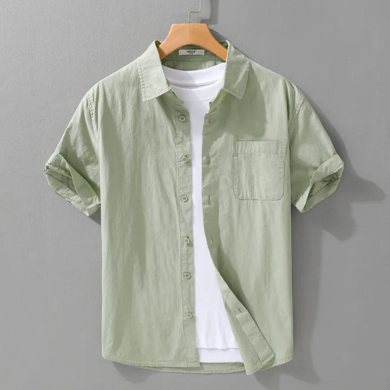Summer New Casual Pure Cotton Thin Short Sleeve Shirts Men Clothing Soft Solid Color Streetwear FY969