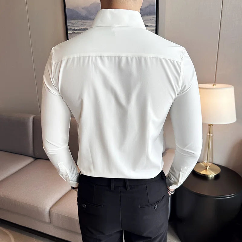 Men Dress Shirt 2026 Autumn British Style Solid Casual Slim Fit Formal Camisas V-neck Long Sleeves Shirt Streetwear Men Clothing