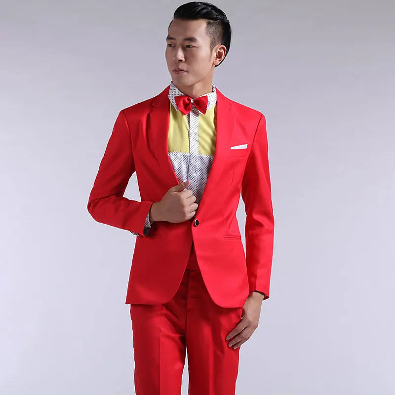 Mens Suit New Long-sleeved Men's Suits Pants Hosted Theatrical Tuxedos Wedding Prom Male Red Yellow Blue Formal Regular Clothes