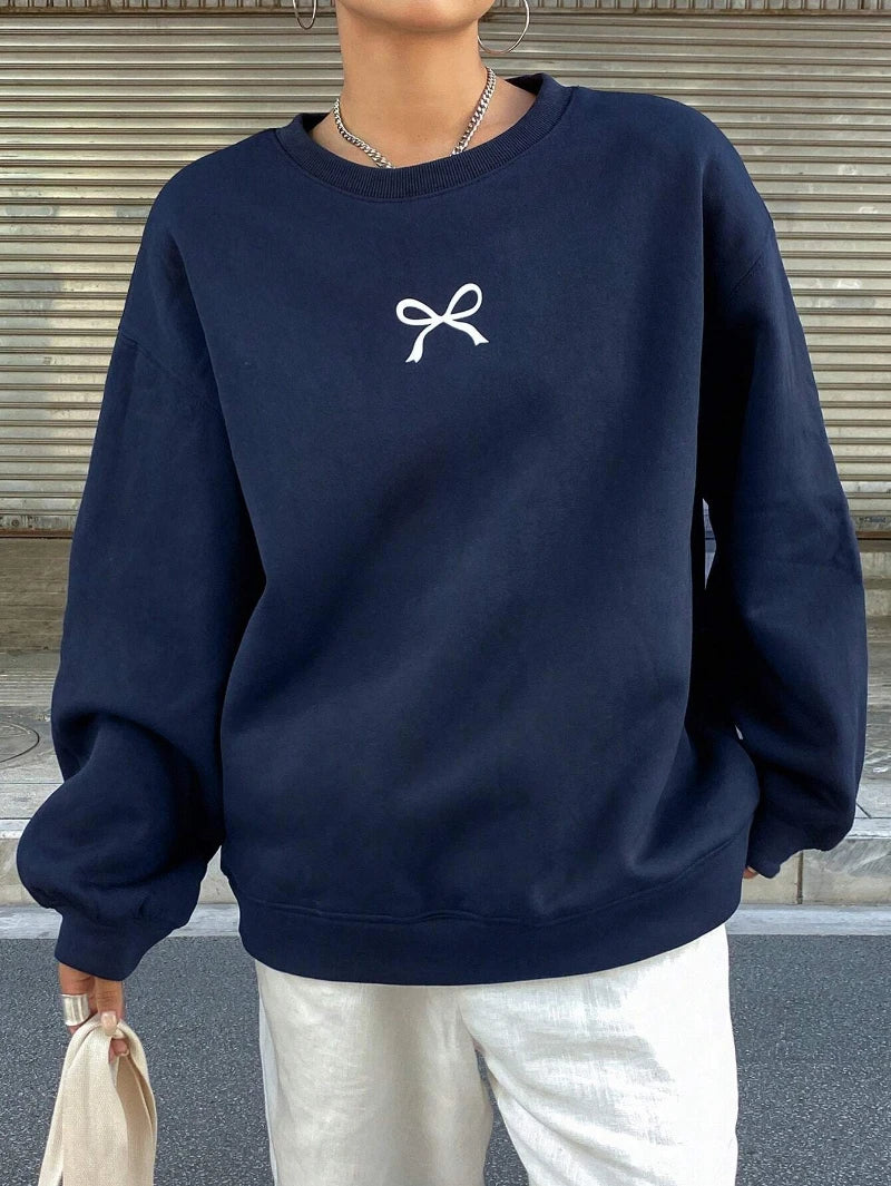Casual Women's Sweatshirts Kawaii Bow Graphic Prints Pullover Comfortable Warm Oversize Hoodie Autumn Fleece Soft Female Clothes