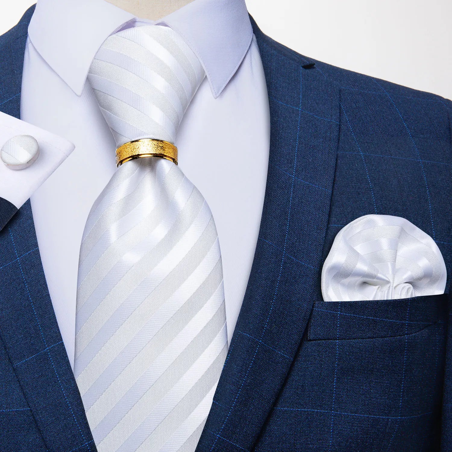 Men Tie with Golden Color Metal Ring Fashion 8cm Tie Set Handkerchief Cufflinks Business Wedding Party Accessories Gift for Men