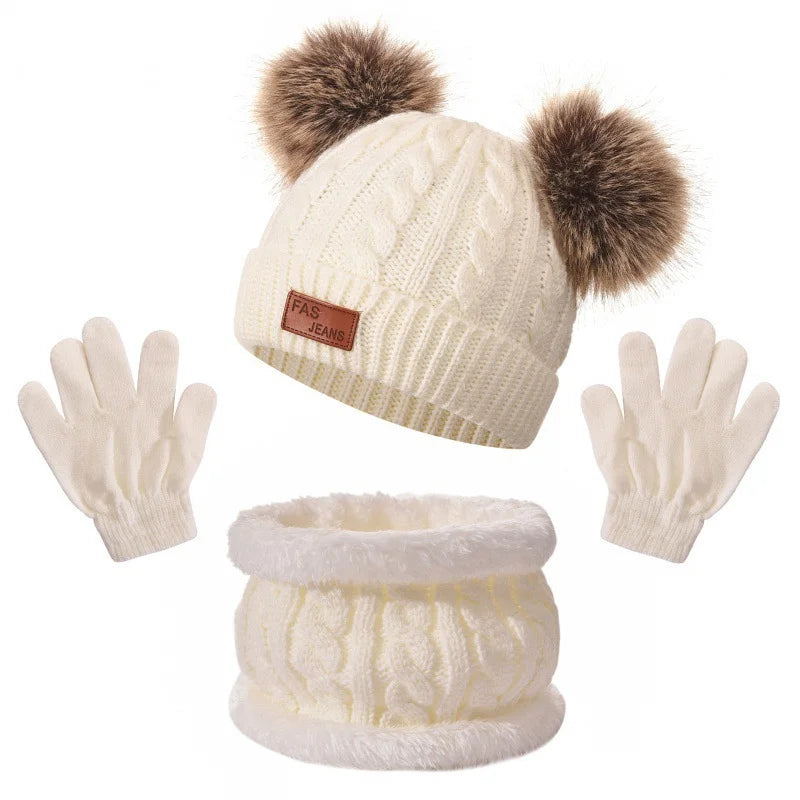 2025 Winter Warm Kids Hat Scarf Gloves Set Thickened Knit Pom Pom Beanie for Babies Soft and Cozy