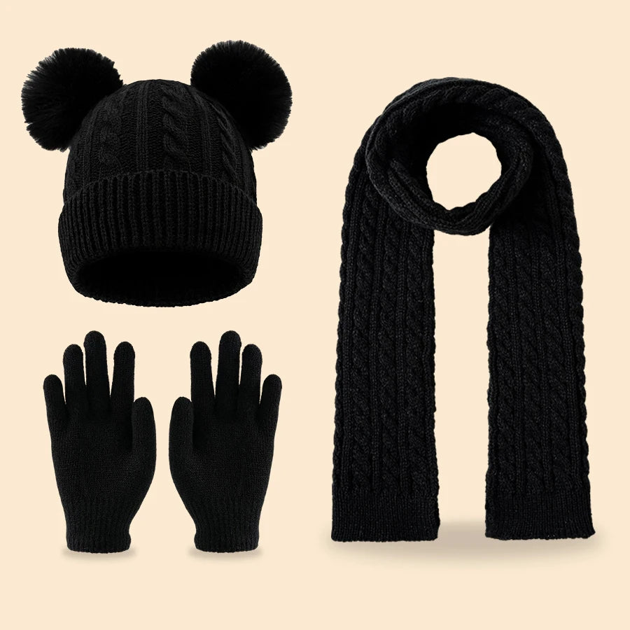 A winter cute double-ball fleece and thickened set of 3-14Y children's tassel scarves, hats and gloves