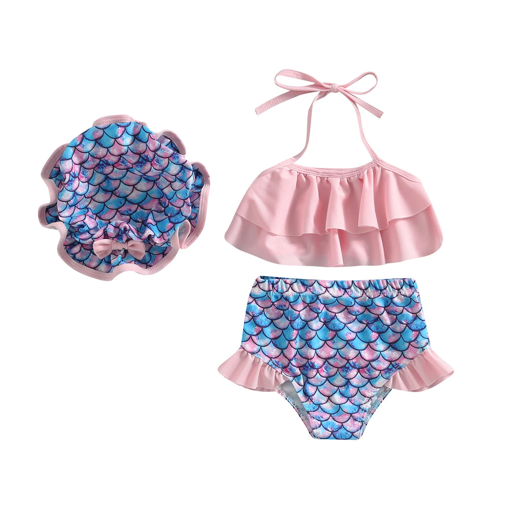 Kid Girls Bikini Swimsuit Sleeveless Halter Neck Swimwear Ruffle Crop Tops Vest Shorts Infant Bathing Suit with Hat