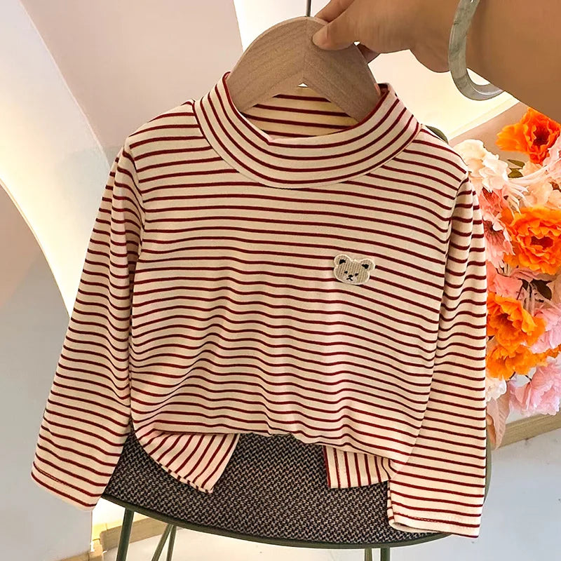 Children's Autumn Winter Clothing Long Sleeve T-shirt Striped Turtleneck Toddler Boys Girls Tops Fashion Undershirt