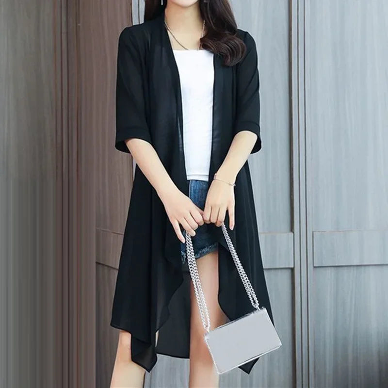 Summer Sun Protection Clothing Women Chiffon Cardigan Half Sleeve Blouse Shirts Ladies Shawl Female Tops Women Loose Thin Coats