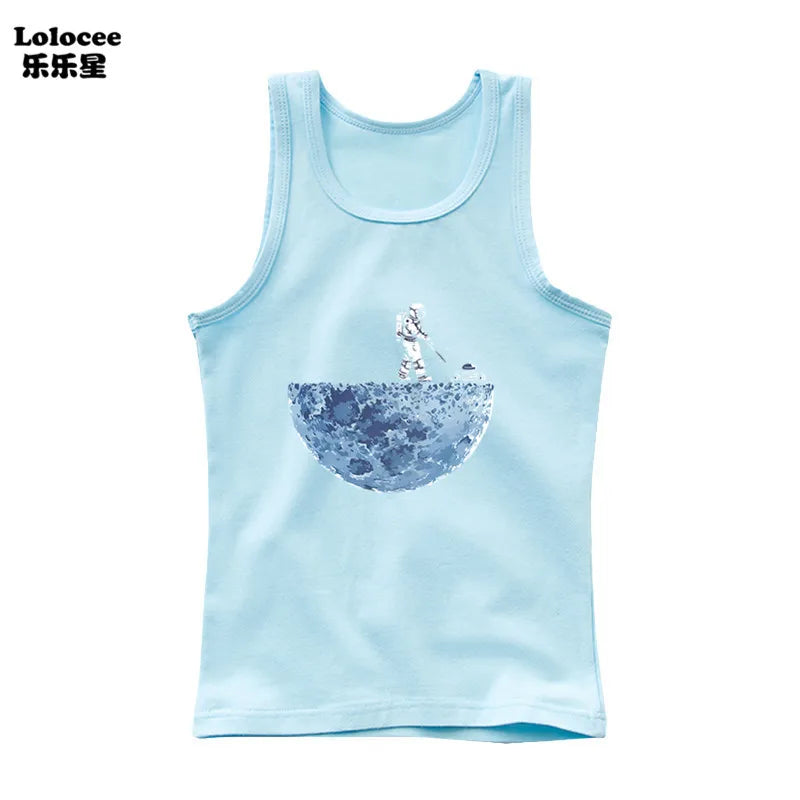 2024 Toddler Kid Clothes Summer Cotton Vest Top Boys Sleeveless Cartoon Dabbing Astronaut T-shirt Children Singlets