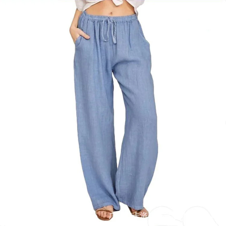 Women Cotton Linen Pants Solid Color Elastic Loose Drawstring Wide-Leg High Waist Trousers Female Stretch Straight Casual Pants