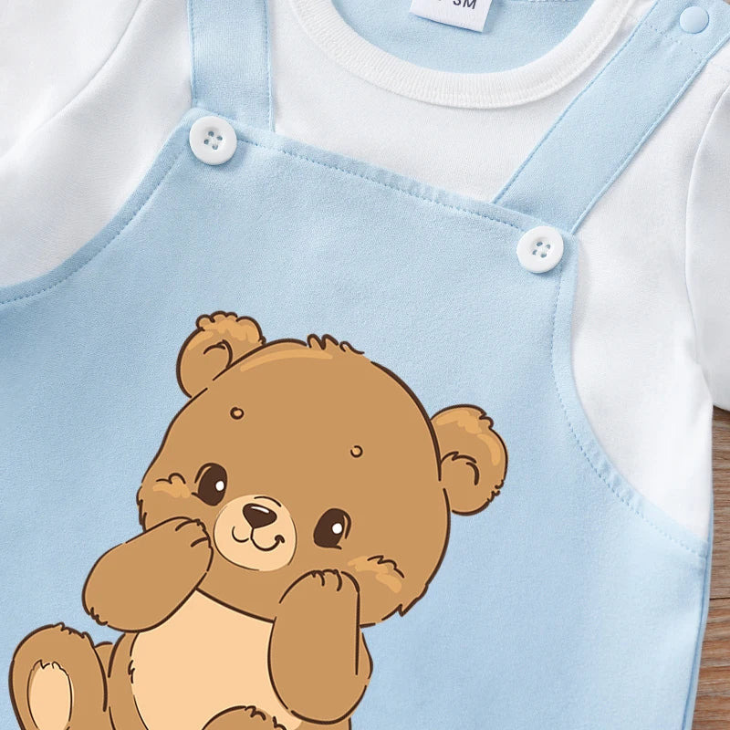 Newborn Baby Summer Short Sleeve Round Neck One-Piece Romper, Bear Print, Fake Two-Piece Strap, Soft & Comfortable