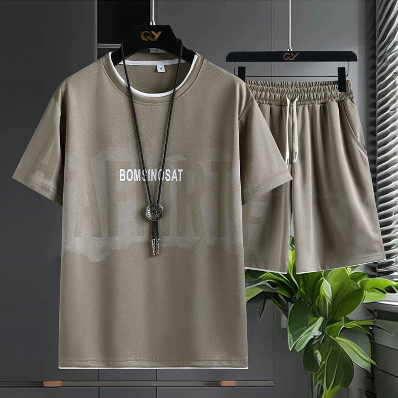 Men's 2-Piece Outfit Set: Graphic T-Shirt & Drawstring Shorts Casual Summer Set Vacation Clothes Gym Shorts Necklace Included