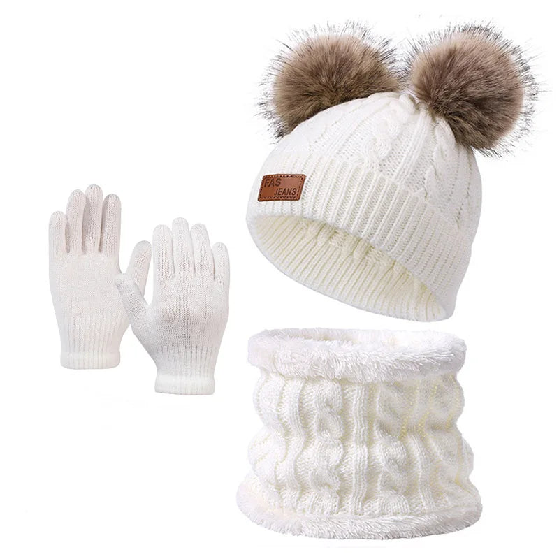 2025 Winter Warm Kids Hat Scarf Gloves Set Thickened Knit Pom Pom Beanie for Babies Soft and Cozy