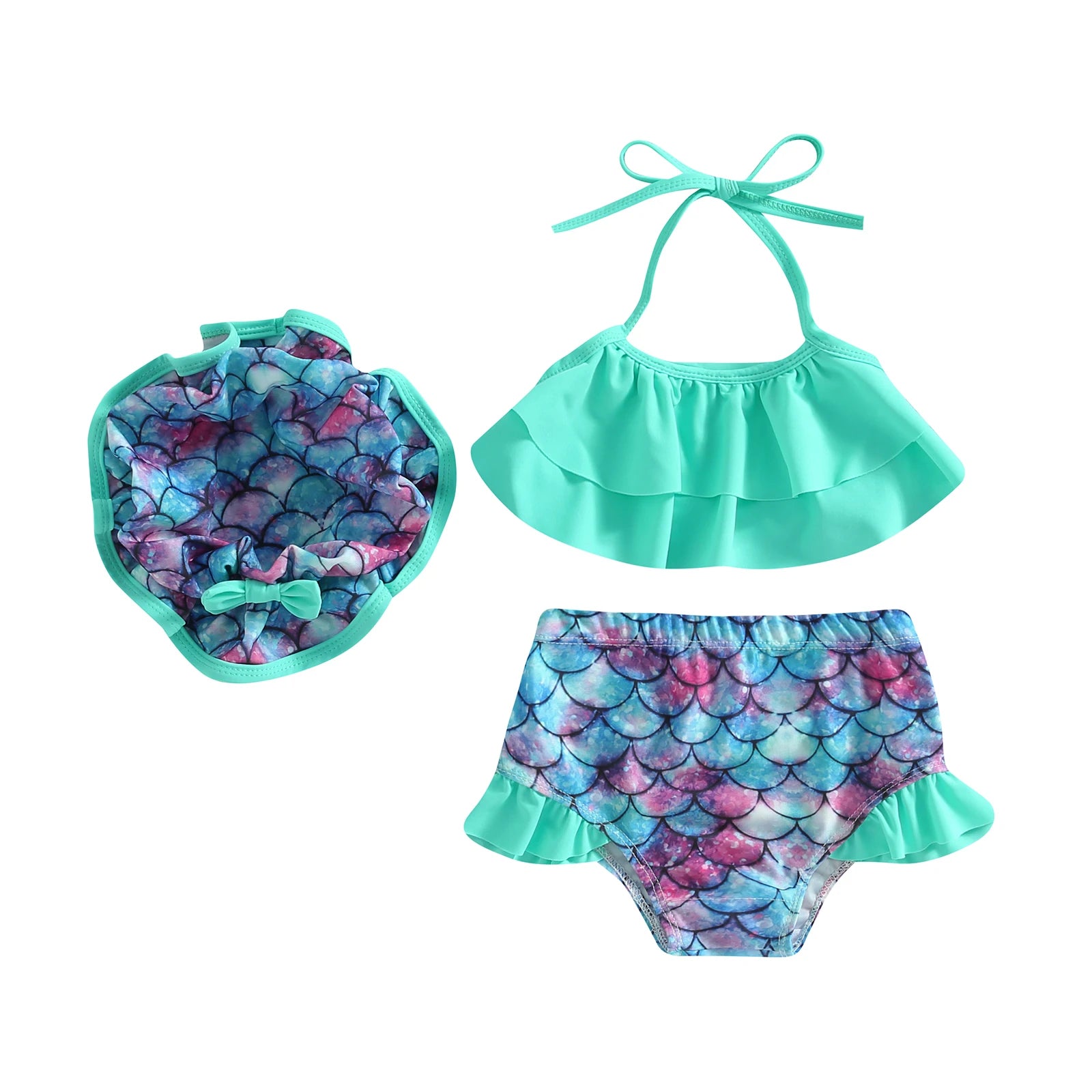 Kid Girls Bikini Swimsuit Sleeveless Halter Neck Swimwear Ruffle Crop Tops Vest Shorts Infant Bathing Suit with Hat