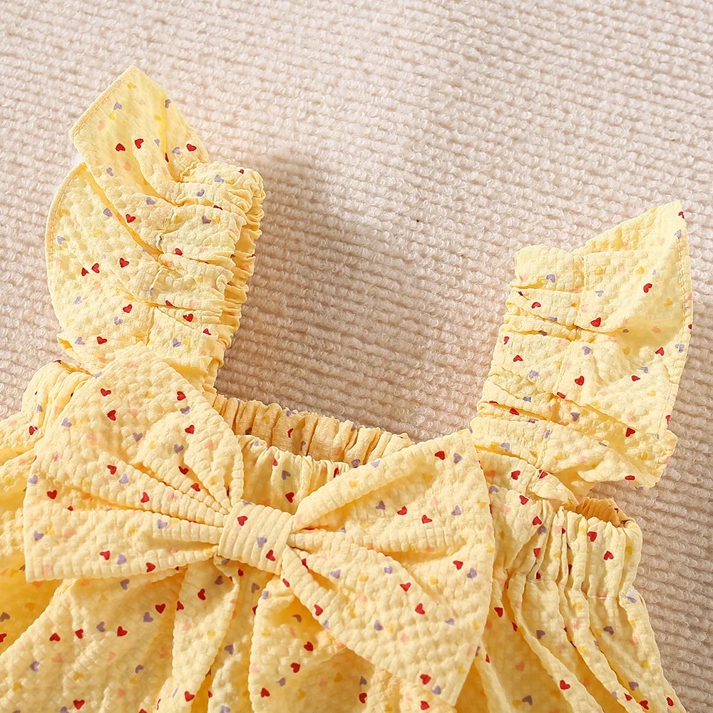 Summer New Two-Piece Set For Baby Girls With Halter Bow Small Flying Sleeve Love Polka Dot Printed Pleated Shorts Light Casual S
