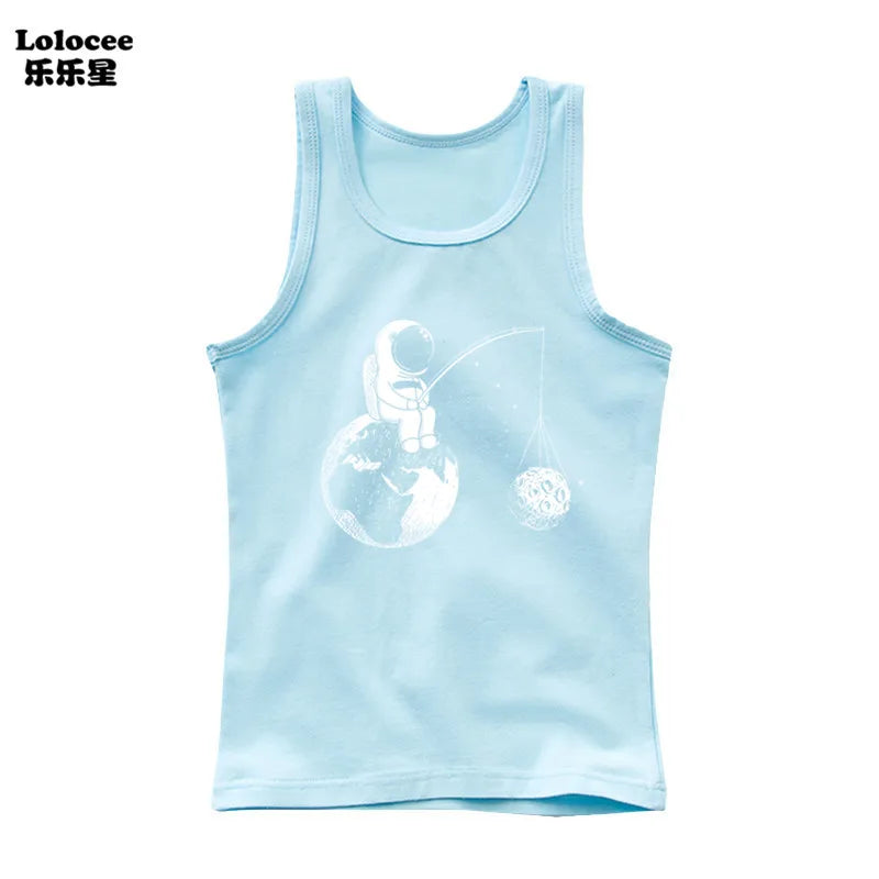 2024 Toddler Kid Clothes Summer Cotton Vest Top Boys Sleeveless Cartoon Dabbing Astronaut T-shirt Children Singlets