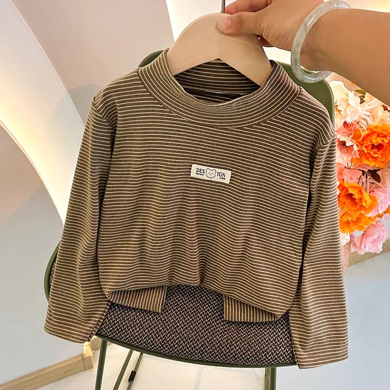 Children's Autumn Winter Clothing Long Sleeve T-shirt Striped Turtleneck Toddler Boys Girls Tops Fashion Undershirt