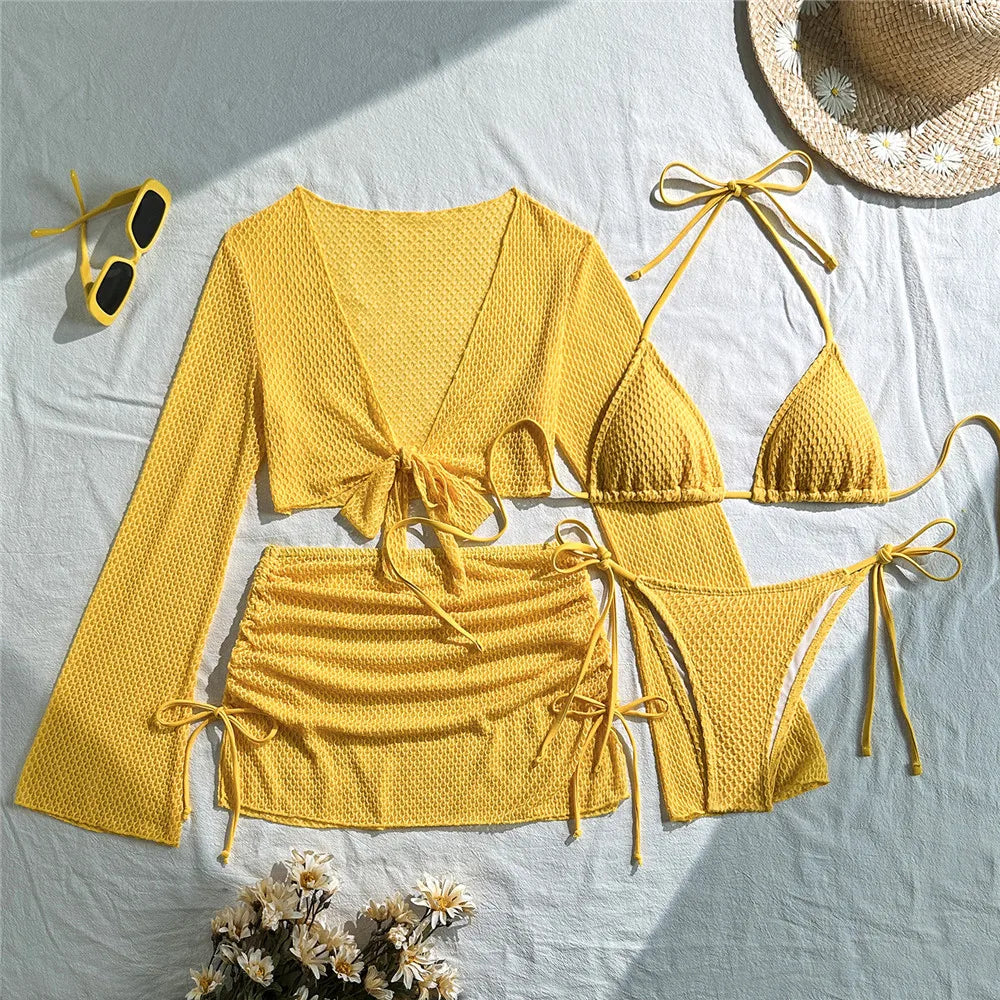 Solid White Mesh Cover Up 4 Piece Bikinis Set Swimwear Sexy Swimsuit Women Bather Halter String Triangle Micro Bikini Thong 2026