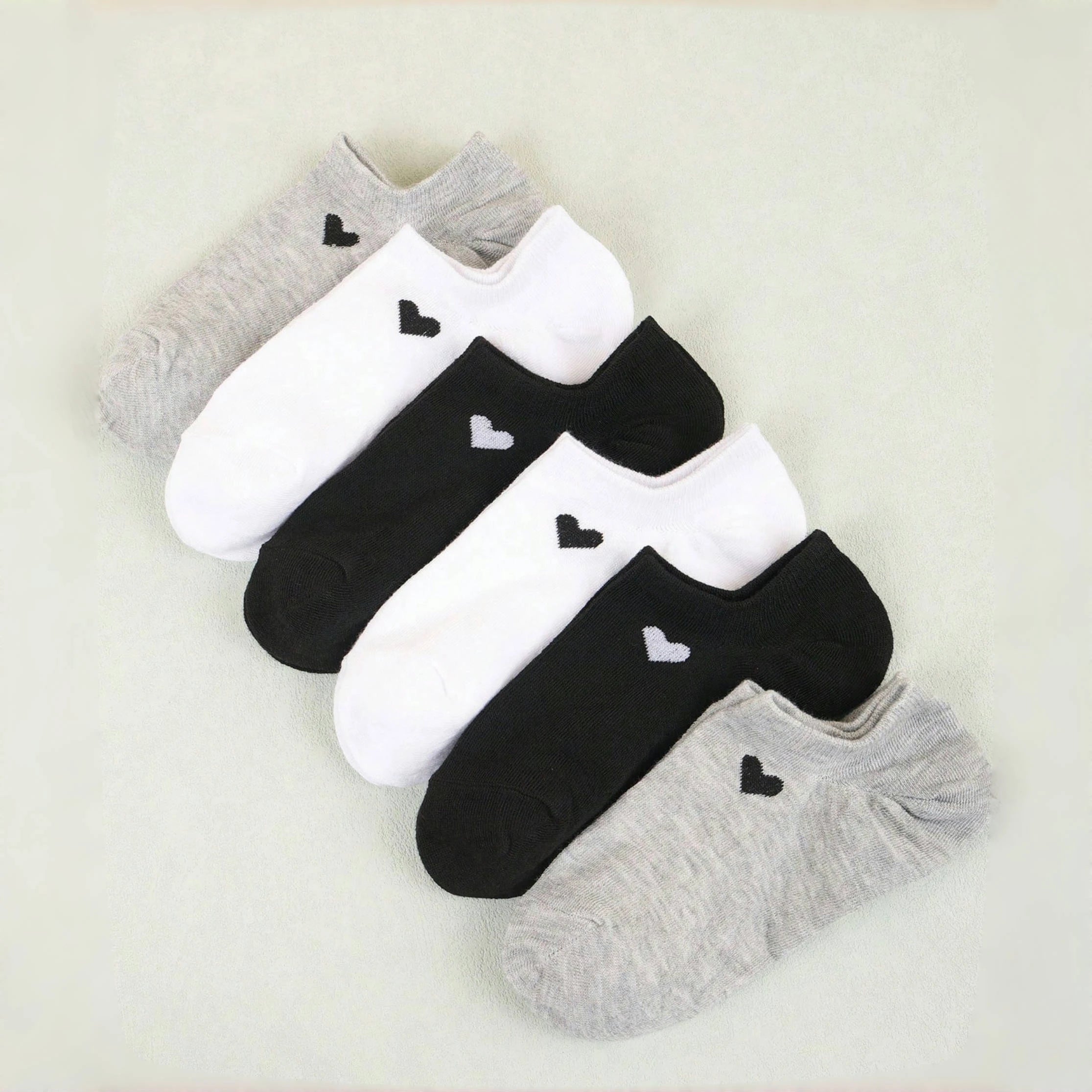 Women's No-Show Socks – Heart Pattern, Black, White & Gray, Versatile and Classic, Comfortable, Breathable, Moisture-Wicking