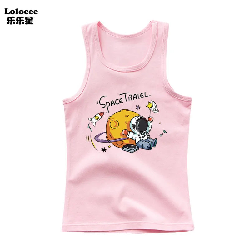 2024 Toddler Kid Clothes Summer Cotton Vest Top Boys Sleeveless Cartoon Dabbing Astronaut T-shirt Children Singlets
