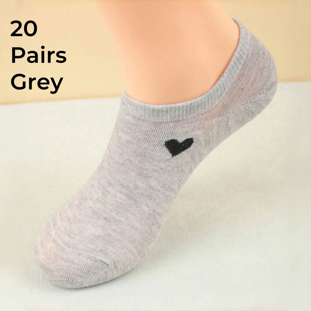 Women's No-Show Socks – Heart Pattern, Black, White & Gray, Versatile and Classic, Comfortable, Breathable, Moisture-Wicking