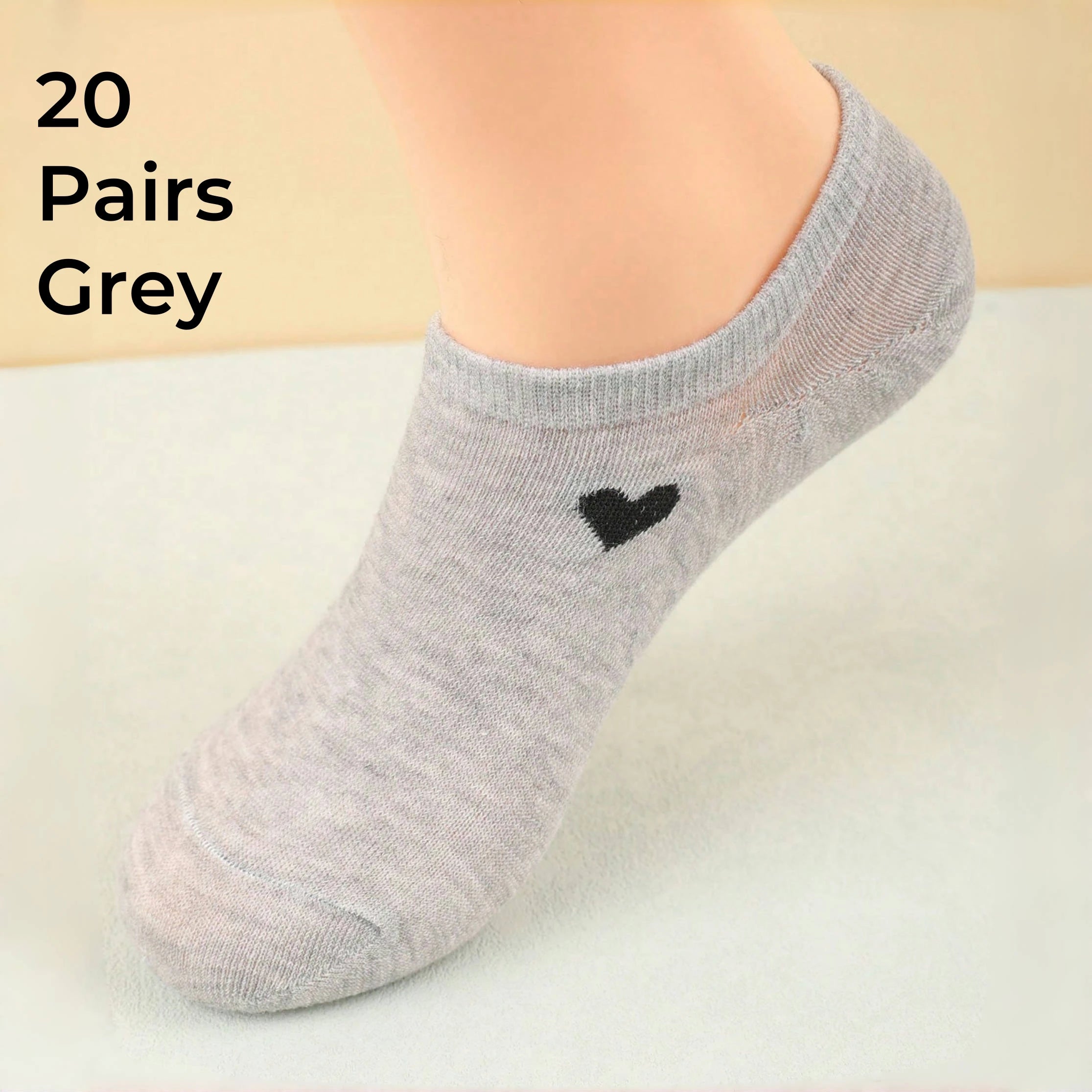 Women's No-Show Socks – Heart Pattern, Black, White & Gray, Versatile and Classic, Comfortable, Breathable, Moisture-Wicking