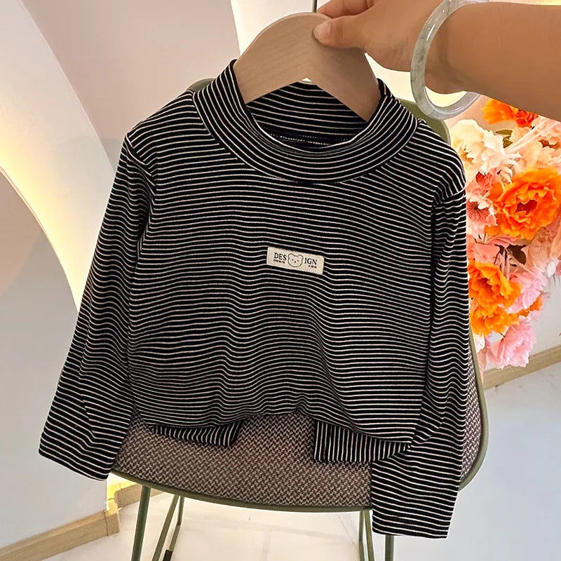 Children's Autumn Winter Clothing Long Sleeve T-shirt Striped Turtleneck Toddler Boys Girls Tops Fashion Undershirt