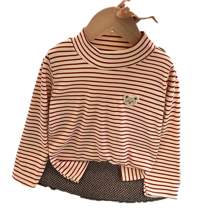 Children's Autumn Winter Clothing Long Sleeve T-shirt Striped Turtleneck Toddler Boys Girls Tops Fashion Undershirt