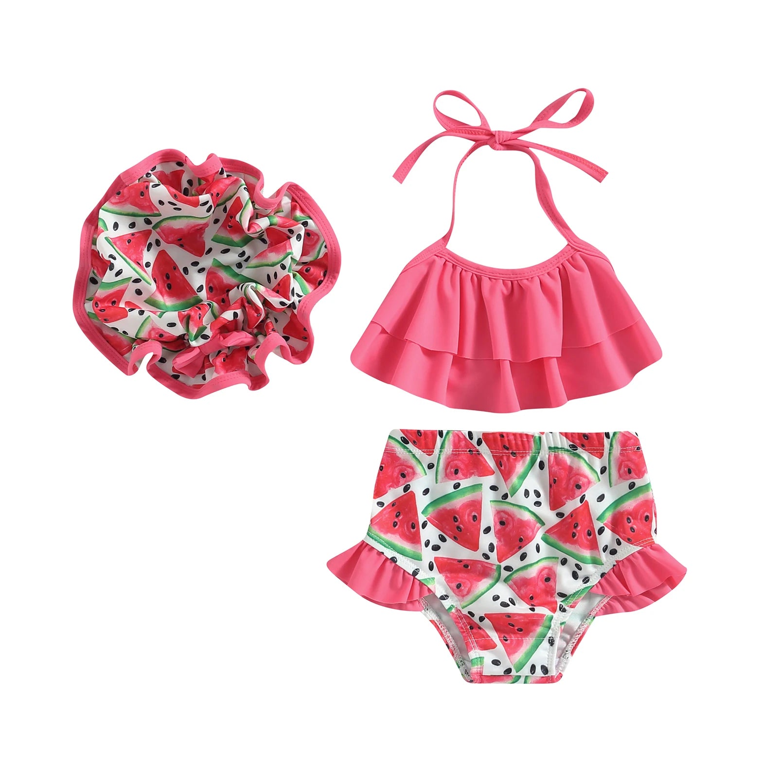 Kid Girls Bikini Swimsuit Sleeveless Halter Neck Swimwear Ruffle Crop Tops Vest Shorts Infant Bathing Suit with Hat