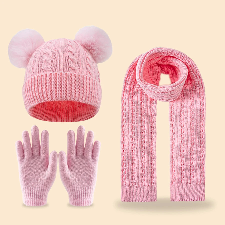 A winter cute double-ball fleece and thickened set of 3-14Y children's tassel scarves, hats and gloves