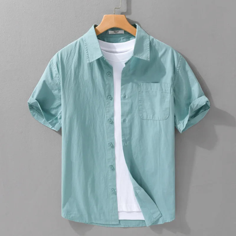 Summer New Casual Pure Cotton Thin Short Sleeve Shirts Men Clothing Soft Solid Color Streetwear FY969