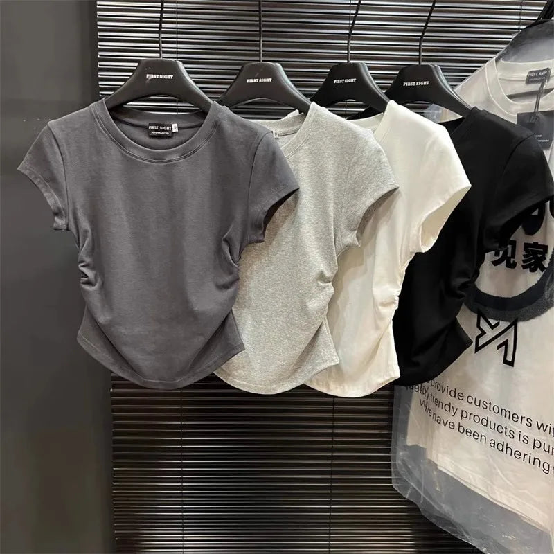 2026 Summer Y2K T shirt Women Solid Color Kpop Vintage O-neck Crop Tops Woman Slim Skinny Pullover Clothing Clothes Ruffled Tees