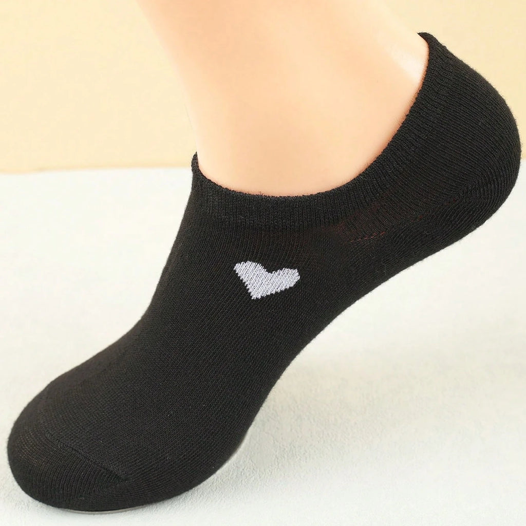 Women's No-Show Socks – Heart Pattern, Black, White & Gray, Versatile and Classic, Comfortable, Breathable, Moisture-Wicking