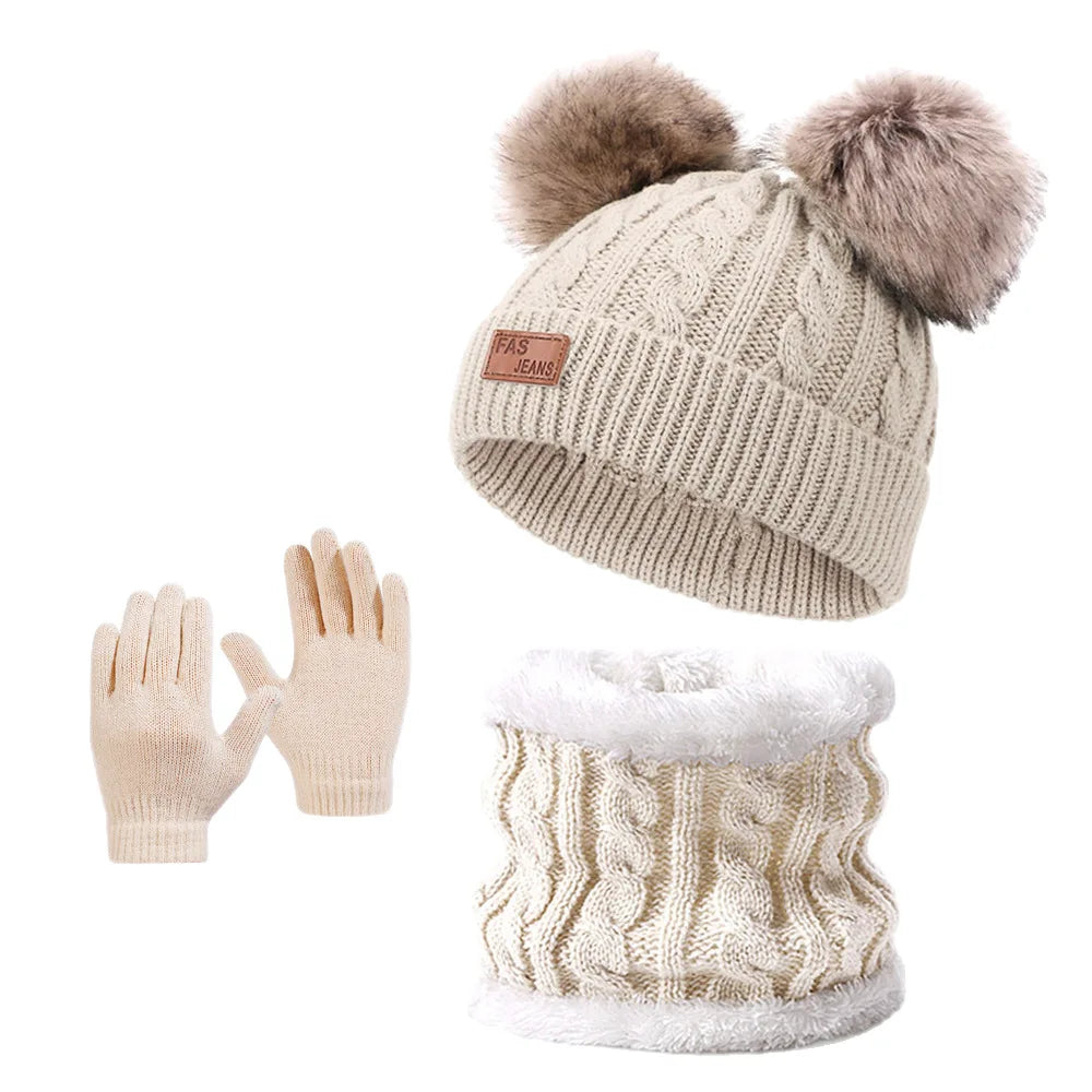 2025 Winter Warm Kids Hat Scarf Gloves Set Thickened Knit Pom Pom Beanie for Babies Soft and Cozy
