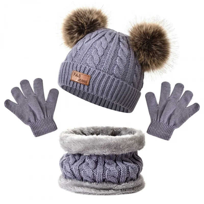2025 Winter Warm Kids Hat Scarf Gloves Set Thickened Knit Pom Pom Beanie for Babies Soft and Cozy