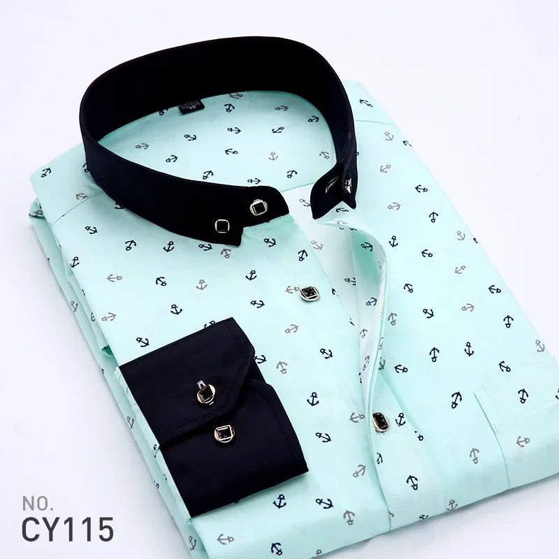 New Men's Printed Long Sleeve Shirt Korean Slim Youth Plaid Versatile Shirt Casual Fashion Floral Inch Shirt Iron-free Process