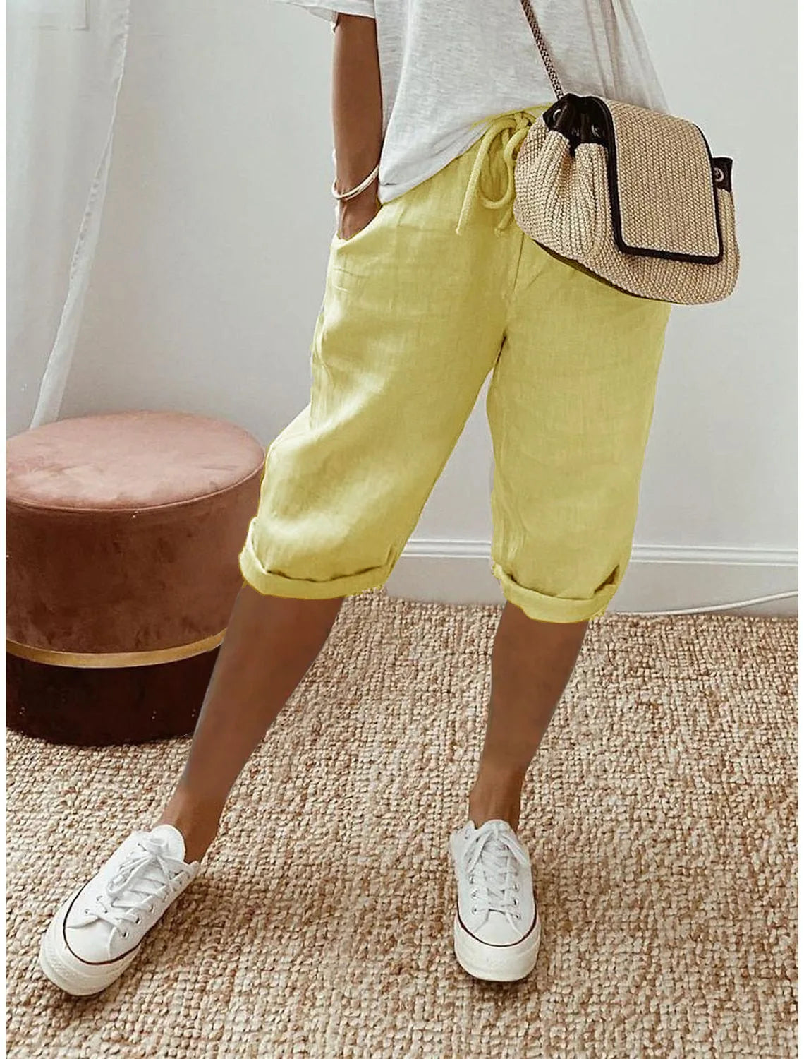 Shorts Women summer cotton linen elastic waist pocket elastic casual pants five quarter women's clothing YRW911