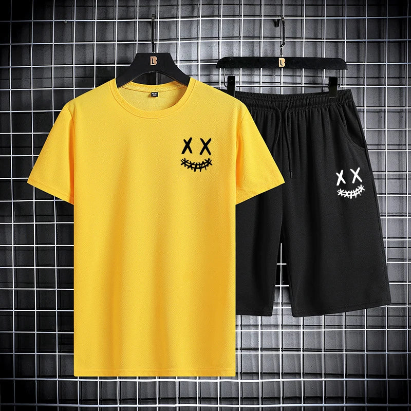 Men's summer sports suit round neck short sleeved T-shirt five quarter shorts slim fit fashion two-piece set men's clothing