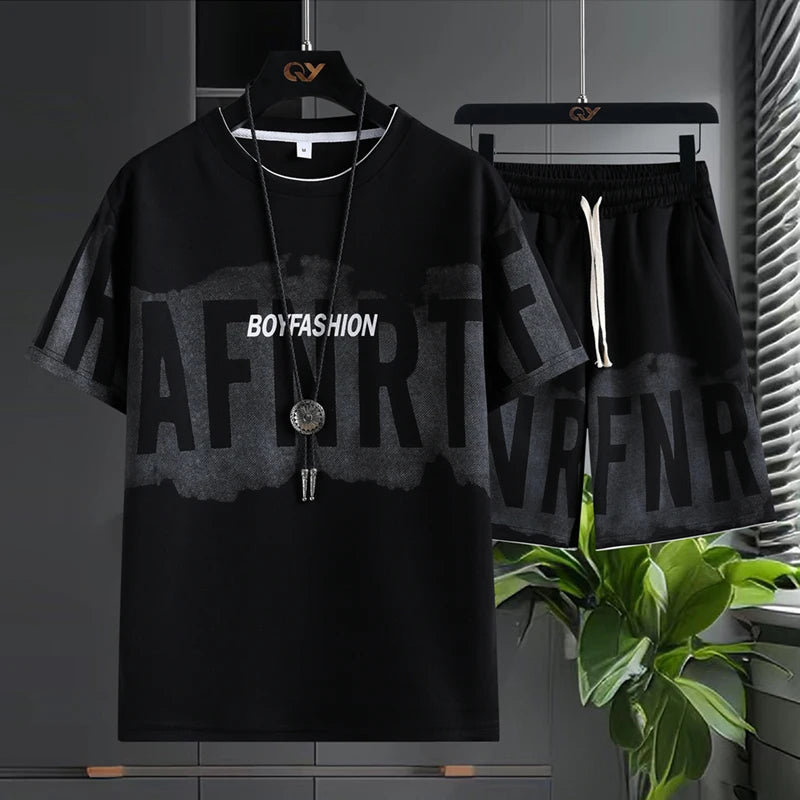 Men's 2-Piece Outfit Set: Graphic T-Shirt & Drawstring Shorts Casual Summer Set Vacation Clothes Gym Shorts Necklace Included