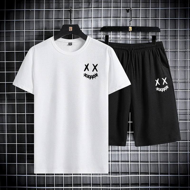 Men's summer sports suit round neck short sleeved T-shirt five quarter shorts slim fit fashion two-piece set men's clothing