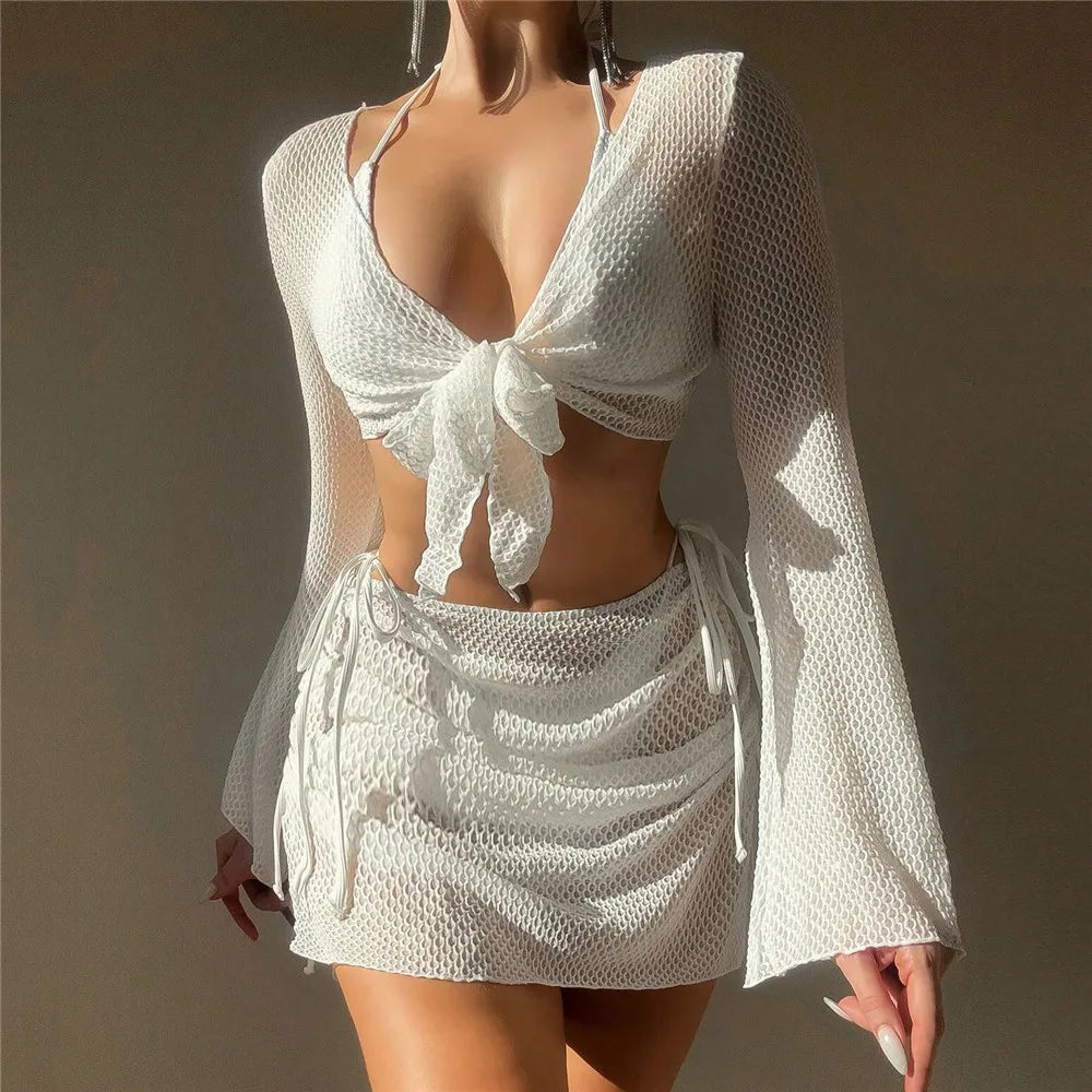 Solid White Mesh Cover Up 4 Piece Bikinis Set Swimwear Sexy Swimsuit Women Bather Halter String Triangle Micro Bikini Thong 2026