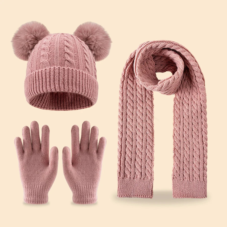A winter cute double-ball fleece and thickened set of 3-14Y children's tassel scarves, hats and gloves