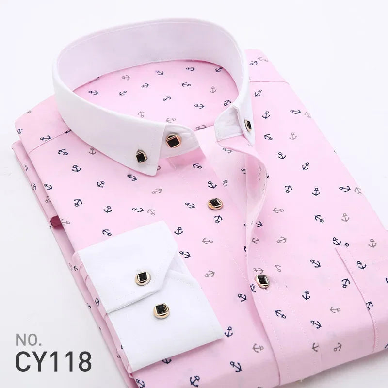 New Men's Printed Long Sleeve Shirt Korean Slim Youth Plaid Versatile Shirt Casual Fashion Floral Inch Shirt Iron-free Process