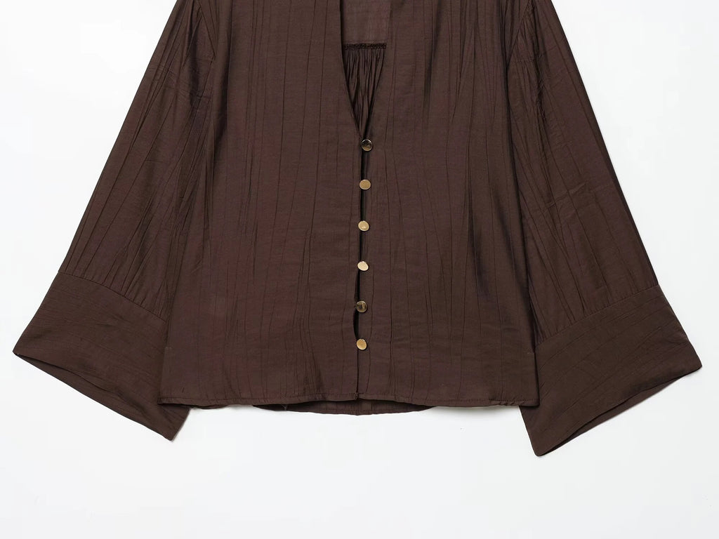 Autumn new women's loose and simple V-neck long sleeved shirt with elastic waist and wide leg pants set