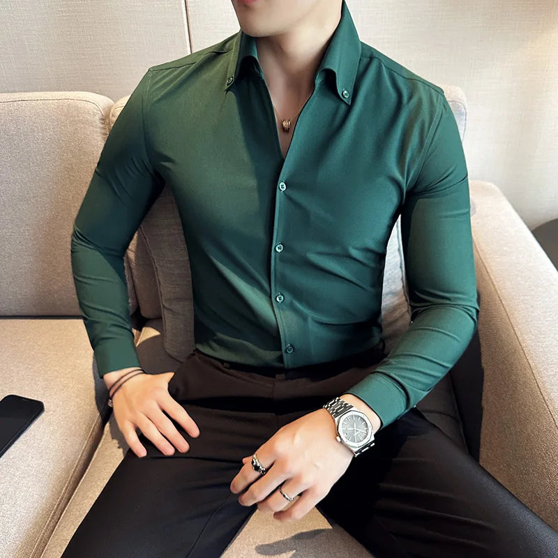 Men Dress Shirt 2026 Autumn British Style Solid Casual Slim Fit Formal Camisas V-neck Long Sleeves Shirt Streetwear Men Clothing