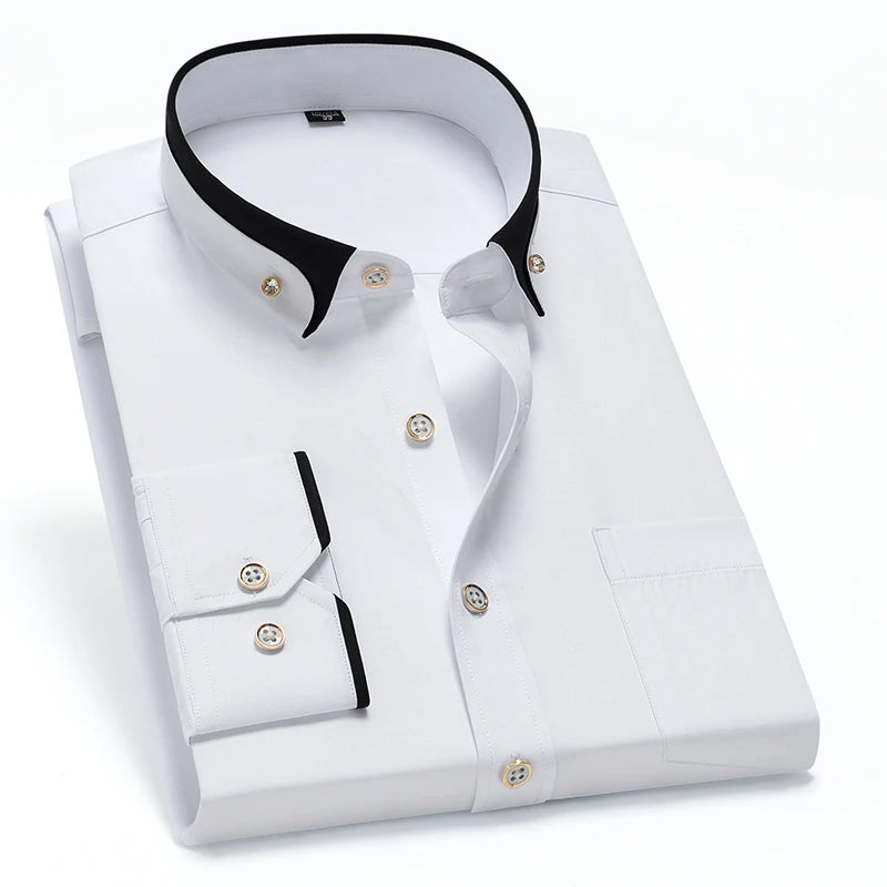 Hot Sale Men's Business Dress Shirts long Sleeve Contrast Collar Social Camisa With Diamond Anti-wrinkle Button Down Black Blue
