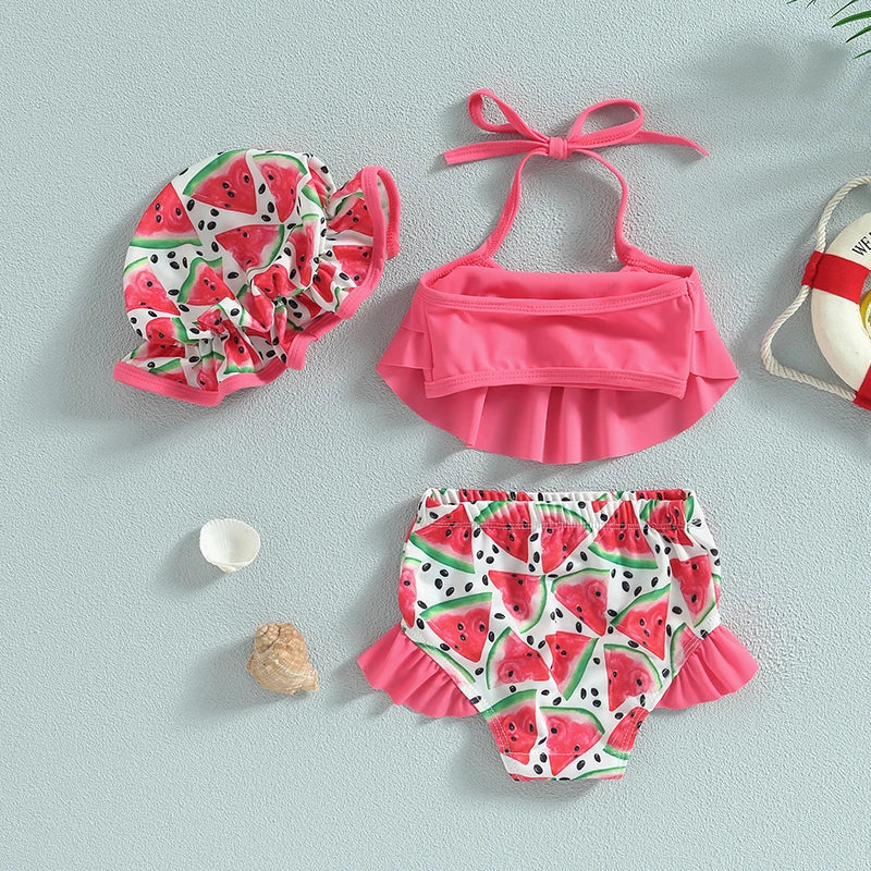 Kid Girls Bikini Swimsuit Sleeveless Halter Neck Swimwear Ruffle Crop Tops Vest Shorts Infant Bathing Suit with Hat