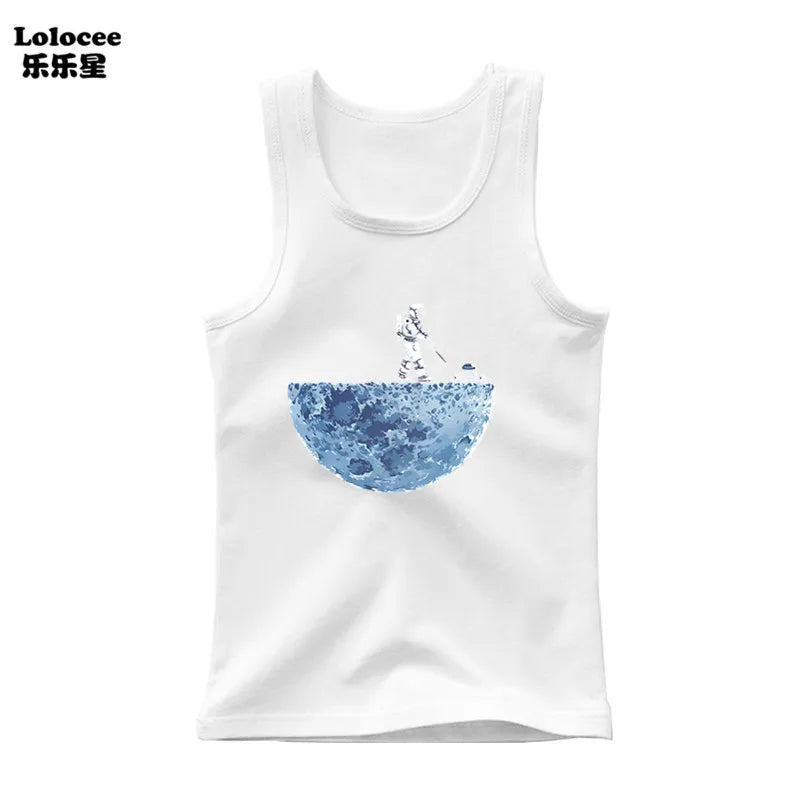 2024 Toddler Kid Clothes Summer Cotton Vest Top Boys Sleeveless Cartoon Dabbing Astronaut T-shirt Children Singlets