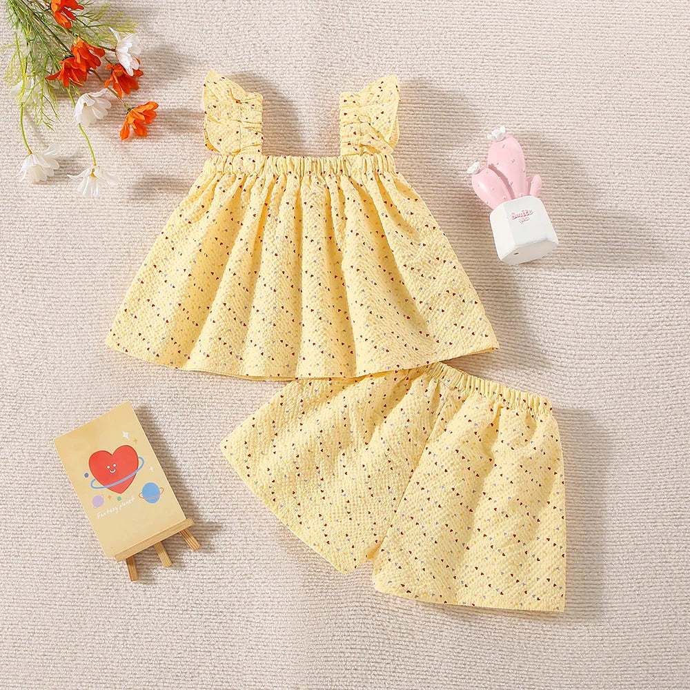 Summer New Two-Piece Set For Baby Girls With Halter Bow Small Flying Sleeve Love Polka Dot Printed Pleated Shorts Light Casual S