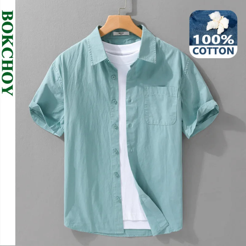 Summer New Casual Pure Cotton Thin Short Sleeve Shirts Men Clothing Soft Solid Color Streetwear FY969