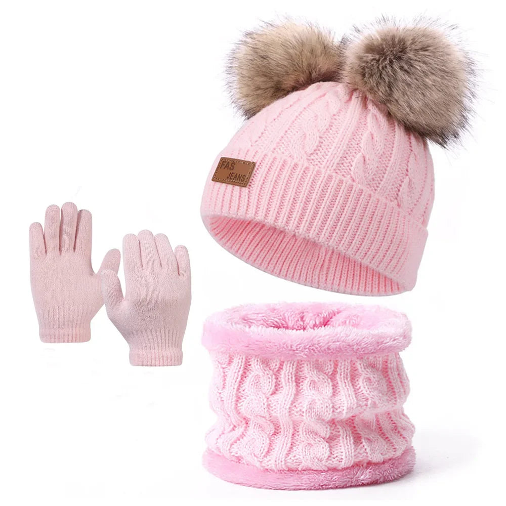 2025 Winter Warm Kids Hat Scarf Gloves Set Thickened Knit Pom Pom Beanie for Babies Soft and Cozy